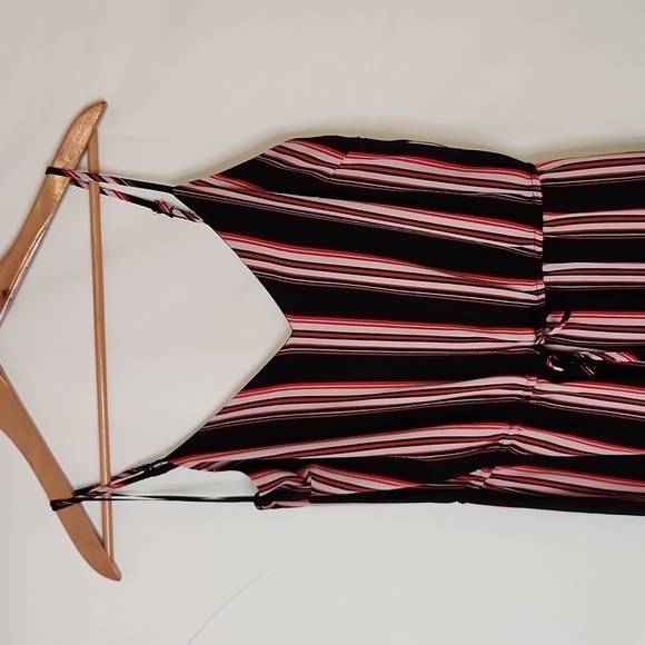 AMBIANCE STRIPED JUMPSUIT Sz: SMALL red black striped bubble crepe wide leg - Picture 4 of 12